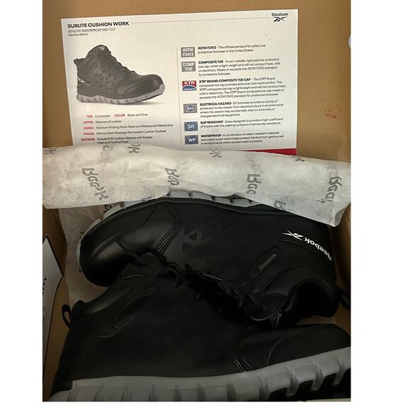 Reebok Sublite Cushion Work Waterproof Mid-Cut Boot Black/Gray Size 11W - Picture 2 of 10